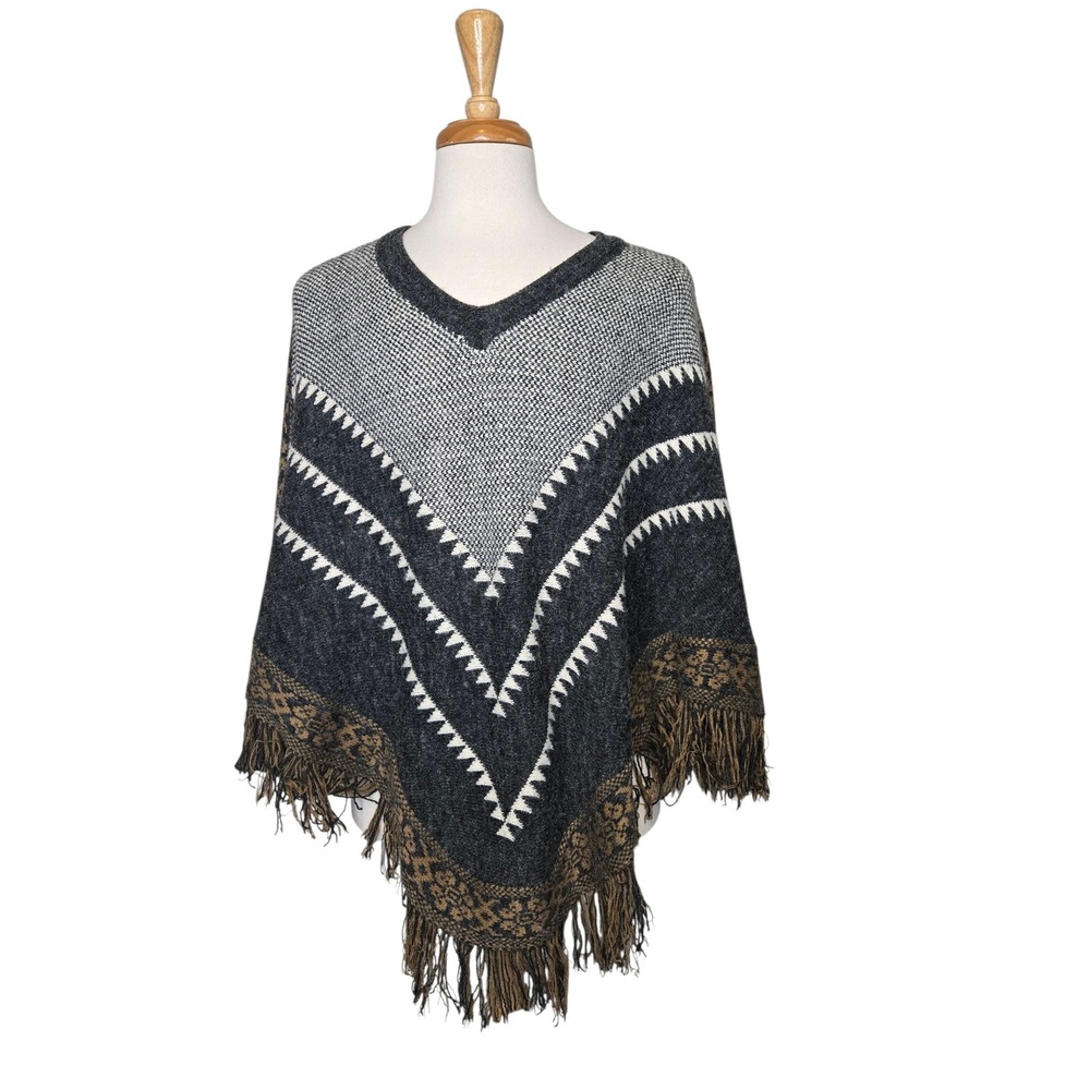 Fringe Poncho Sweater Boho Western Knit Cape Wrap Chevron Aztec M/L CabinCore